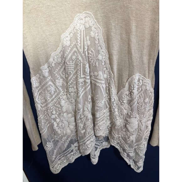 Angel Of The North Beige Long-Sleeve Lace Embellished V-Neck Tunic Sweater Women - Picture 5 of 6